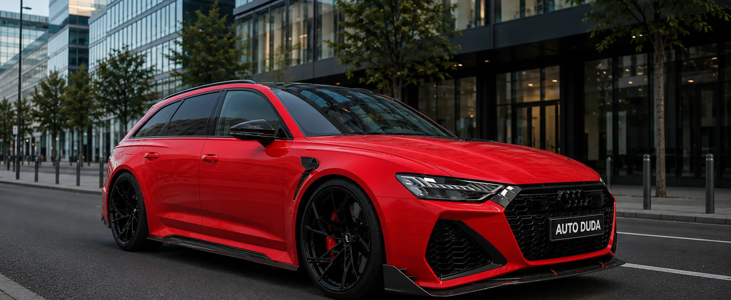 Ilustrační snímek vozu Audi RS6 v barvách Auto Duda, vygenerovaný umělou inteligencí